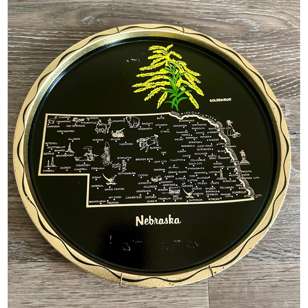 Vintage Souvenir Nebraska State Travel Metal Tray Plate
